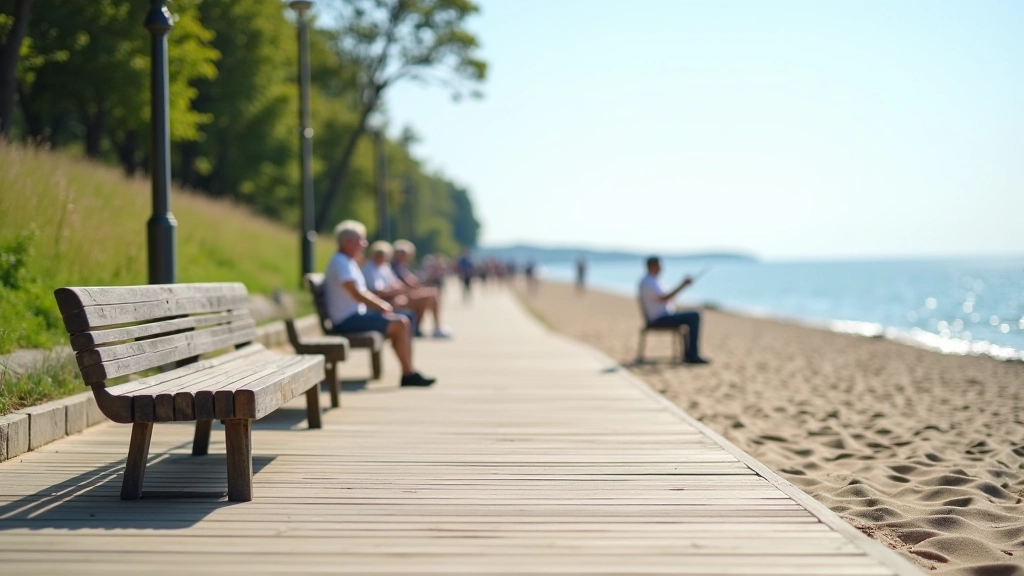 Jūrmalas promenāde ar soliem un skaistu jūras skatu, cilvēki relaksējas